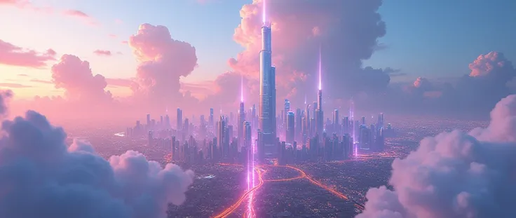 Realistic high quality White and gold with pink and bright blue lights futuristic pretty city skylines skyscapers white glowing ethereal majestic full skyscrapers architecture with a shining sky and iridescent lilac and blue glowing cloud utopia