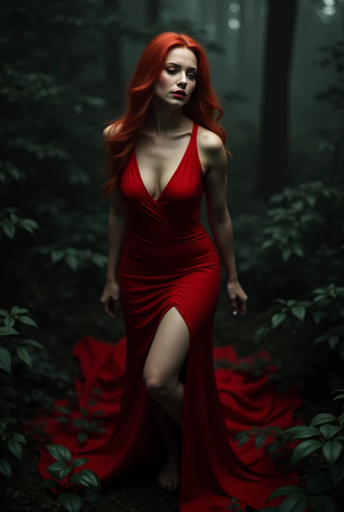  Make a beautiful and sexy woman  ,  sexy dress with a red neckline,   long red hair  , interia , Seeing from top to bottom  ,  in a dark forest  