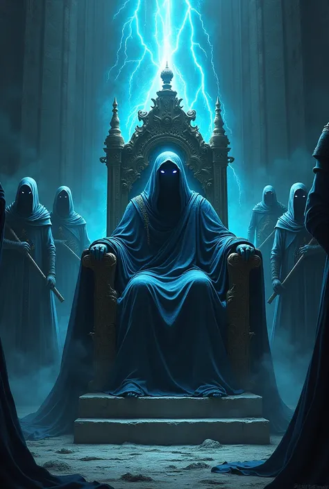 Shadow god wearing a ,  on a throne in a place in the underworld ,  and some soldiers around them with a blue twinkle in their eyes and a black mist on their side, with blue and black color 