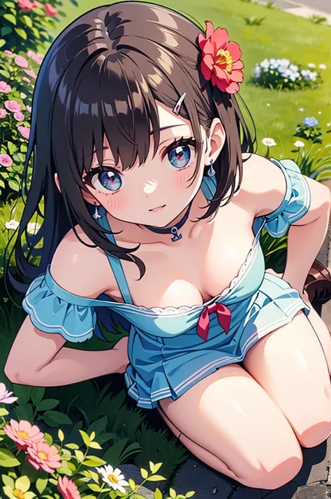 A beautiful girl in red skirt sitting on a stone wall with flowers, anime girl, (20 years old girl: 1.45), (aged up), cleavage, garden, white crop top, off the shoulder, tiny microskirt, curvy, big rounds breasts, hair intakes, hairclip, anchor choker, hai...