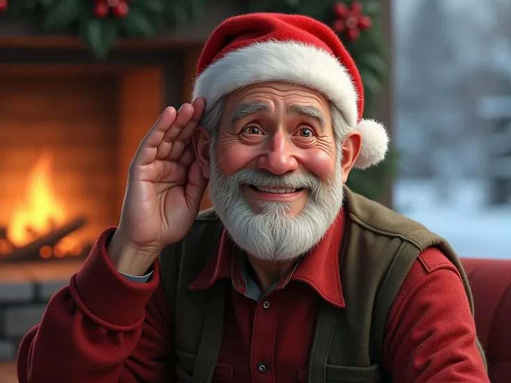 happy good looking old man touching his ear need christmas hat in his head