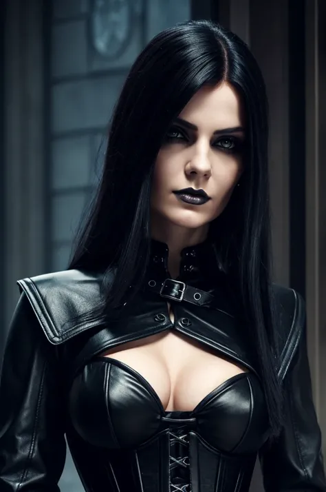 1 European gothic-cyberpunk woman, she wears a black corset over a black leather coat in gothic style, pretty face, ultra detailed face eyes, hyperrealistic, realistic representation, she is 30 years old