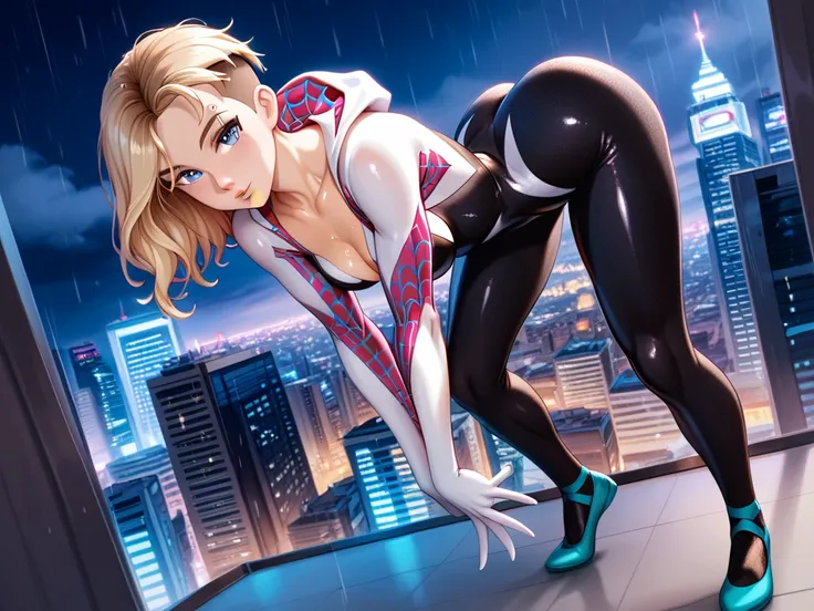 ((masterpiece)), ((best quality)), (detailed), beautiful dark lighting, perfect, luscious lips, Spider Gwen, spider gwen across the spider verse outfit, full body skin tight suit covering arms and legs, lean but muscular with a body type similar to those o...