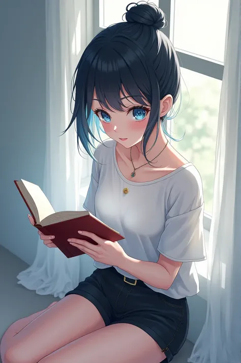 4k, Anime girl with her hair tied up black hair blue eyes white skin with a necklace a white shirt a black shorts reading a book