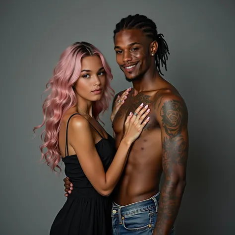 close shot with a Leica M10, a model photoshoot between a boyfriend and girlfriend as they embrace one another and look at the viewer as they both have smiles on their faces as they stand against the grey backdrop in the photo studio. shes a lot shorter th...