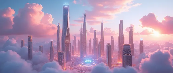 Realistic high quality White and gold with pink and bright blue lights futuristic pretty city skylines skyscapers white glowing ethereal majestic full skyscrapers architecture with a shining sky and iridescent lilac and blue glowing cloud utopia with glist...