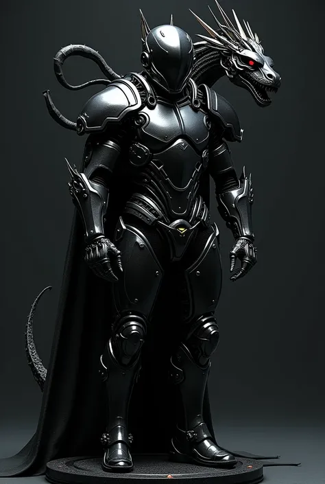 One male Infographic detail black knight suit,mechanized dragon detail knight, cybernetics swordsman, pure black color scheme