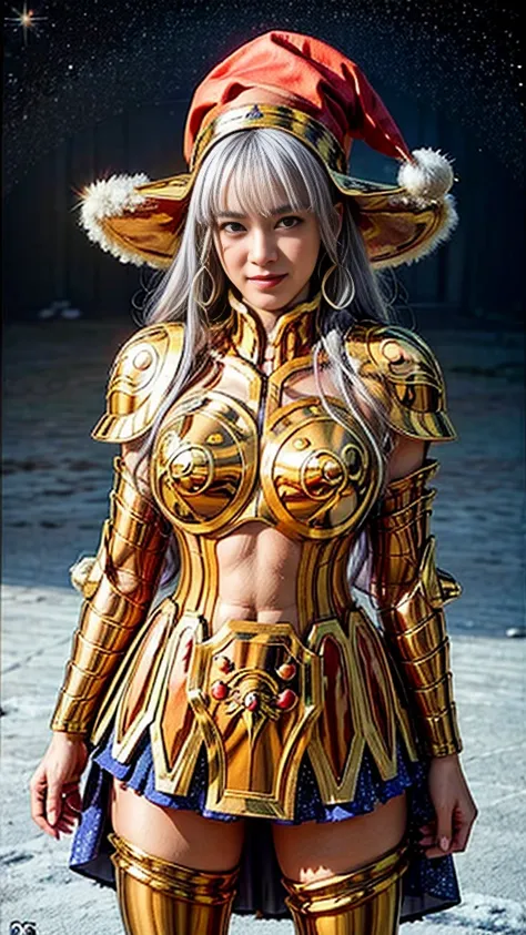 Ultra high saturation（masterpiece）， Full body photo，（The best quality）， （1 girl），White hair,  realistic, (1 woman), hiper realistic, Wearing a shiny golden armorSexy lingerie type armor，expose your chest，Expose the waist，Exposing the thighs，Pose genial， Sa...