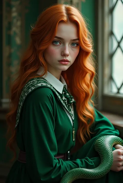 A beautiful girl have a ginger hair color and a student at Hogwarts wearing a Slytherin uniform and sitting straight and have a snake around her left hand to her shoulder 