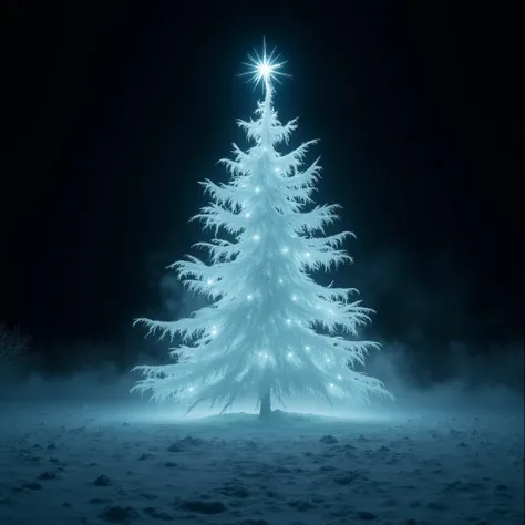 Ghost Dark Christmas atmosphere, black background, Stylish Ghost Christmas tree in the snow field, night, 