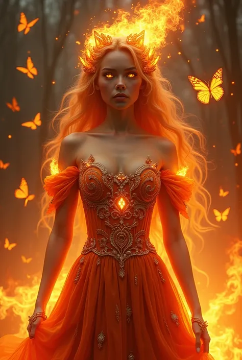 This is a realistic fantasy artwork prominently featuring realistic fire, including wisps of flames, glowing hot embers, subtle curls of smoke, and a beautiful fire druid. The druid stands in the midst of a raging inferno with an interesting composition. H...