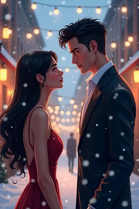 A romantic Christmas setting, with a female character with light brown skin, long straight black hair, and black eyes, wearing an elegant winter dress, staring intently at the male character. The male character is tall, with white skin, black hair, and bla...