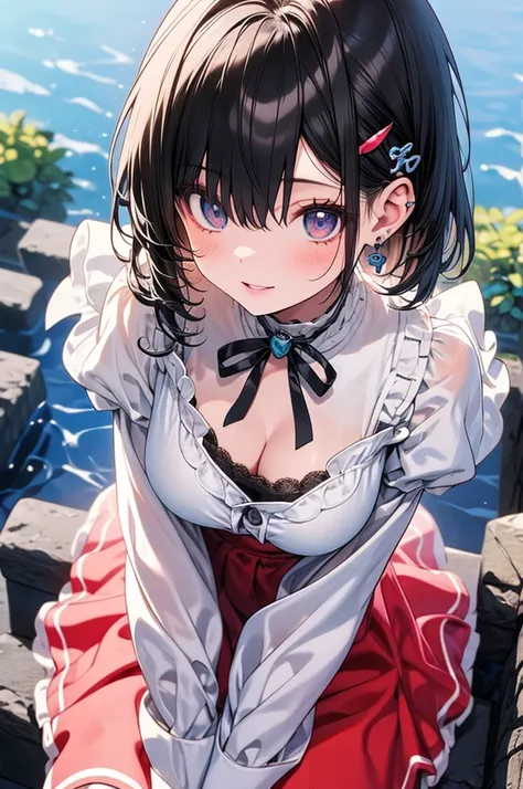 A beautiful girl in red skirt sitting on a stone wall with flowers, anime girl, (20 years old girl: 1.45), (aged up), cleavage, garden, white crop top, off the shoulder, tiny microskirt, curvy, big rounds breasts, hair intakes, hairclip, anchor choker, hai...