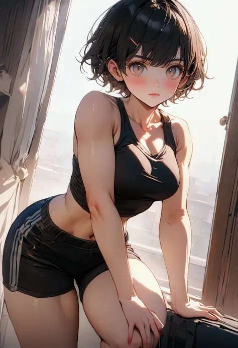 (8k, best quality 1.2), ultra-detailed, 8k uhd, soft lighting, high quality, masterpiece, high res, tomboy, college age, grown up, strong, fit, athletic, short shorts, pixie haircut