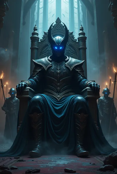  Shadow God wearing armor and a black helmet , on a throne,   in a dark place, and some soldiers with swords and shields in their hands ,   with bright blue eyes as if they were possessed by the shadow god
