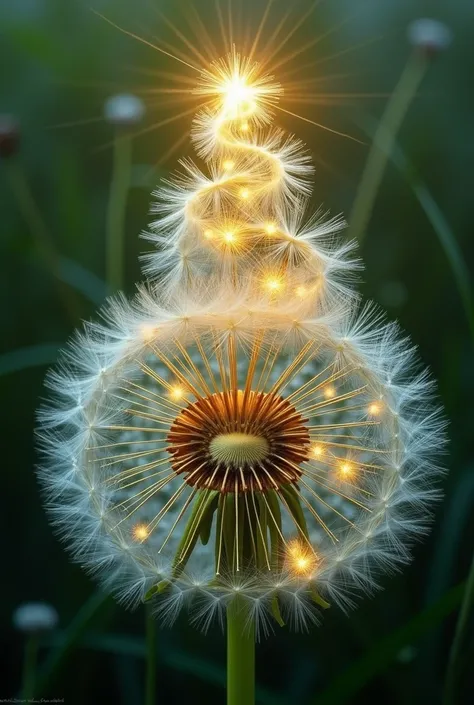 ((Dandelion - white1,8)) represents three heavenly bodies at once - the sun, the moon and the stars! ((Holiday Christmas tree made of dandelion florets, snowflakes made of dandelion florets1,9)). (Colors):gold, white, green, dark green. (Style):fantasy, ne...