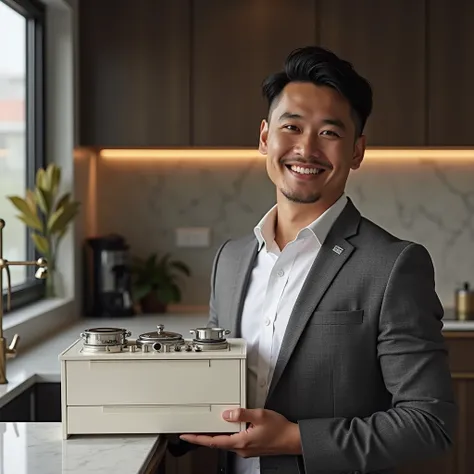 A confident Indonesian man smiles, holding a model of a sleek, modern kitchen set. The kitchen exudes sophistication with its clean lines, high-end finishes, and luxurious materials. The elegant interior enhances the atmosphere, creating a space that is bo...