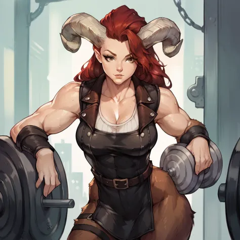 a female satyr with beige bullhorns, very muscular, wearing brown leather blacksmith top, front facing bull horns, had red hair, has brown eyes, had fair skin with freckles, working next to an anvil, is a blacksmith, working in blacksmith, sweaty, wearing ...