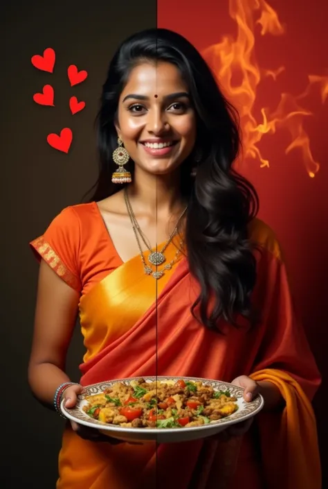 On one side: A beautiful, 27-year-old Indian woman, dressed in a traditional saree, holding a plate of delicious food with a warm, inviting smile.
On the other side: The same woman giving a mischievous or dramatic smirk, with a shadowy or fiery background ...