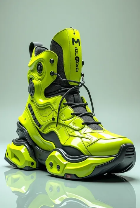 Image and design of a futuristic green shoe with thick sole platform style cyber android robots hyperrealistic latest model mxm 9000 bota alta grande color amarillo 