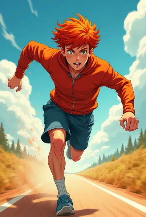 A man with red curly hair and fair skin, running at super speed.  anime style .