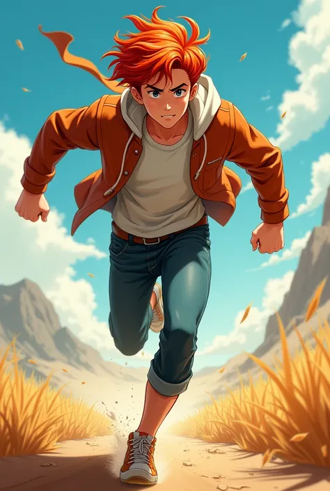 A man with red curly hair and fair skin, running at super speed.  anime style .