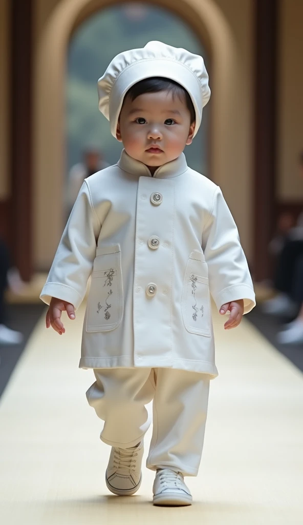 . Traditional Meets Modern Surgeon: The baby wears a classic doctor’s outfit with a twist: a white coat embroidered with subtle Korean motifs and paired with a baby-sized modern gat (traditional hat). The runway includes elements of hanok-inspired architec...