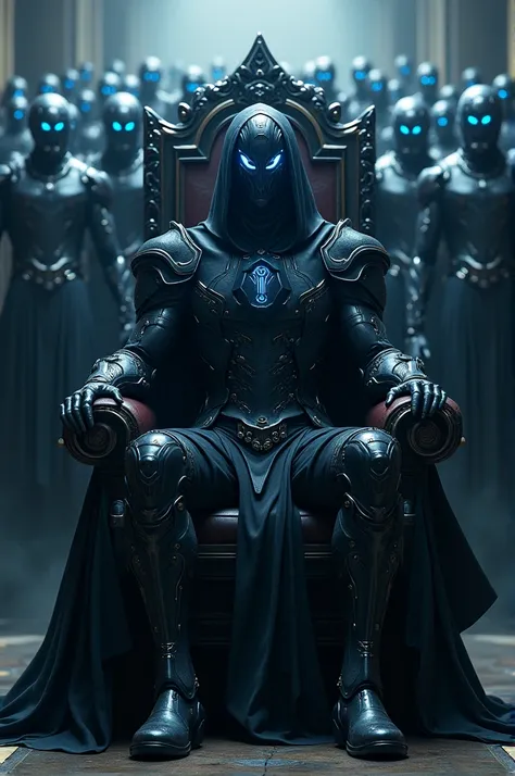  A shadow being with flashy armor and a black helmet with blue details on his armor on a throne, in the background an army of shadow soldiers with a blue glow in their eyes and armor and swords in their hands 