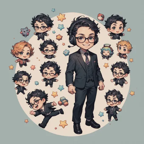 Japanese man, one person, black wavy hair, semi-short hair, wearing glasses, Front facing, gaming headset, full body image, black suit, icon, smiling, chibi, kawaii