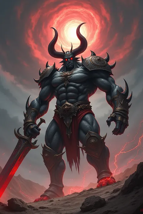 a demon warrior with four arms holding a large sword