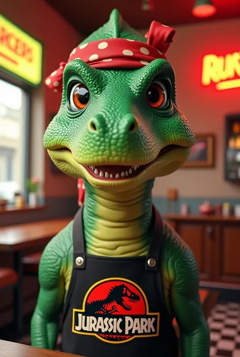 hello,   I want the image of a dinosaur , with green skin ,  with animated kitchen bandana at a hamburger restaurant,   wearing a black apron with the name Jurassic Park  ,  better quality front image and masterpiece  , front image , eyes contact 