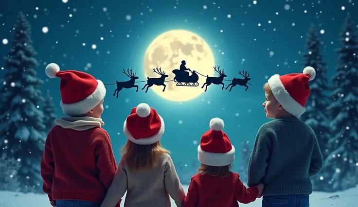 This image perfectly captures the magical and heartwarming atmosphere of Christmas Eve. ren, dressed in cozy Santa hats and sweaters, are gazing in wonder at the sky. A bright full moon illuminates the night, where the silhouette of Santa Claus and his rei...