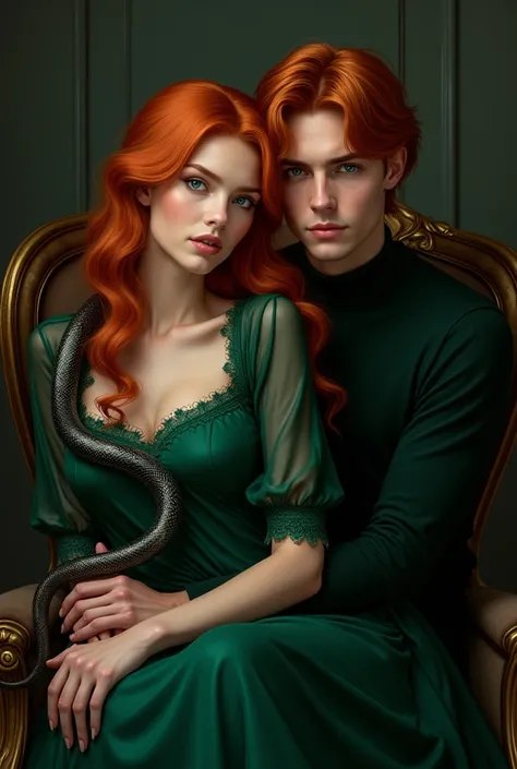 A beautiful girl have a ginger hair color and have a dark blue eyes wearing a Slytherin uniform and sitting on a dark chair with a snake around her left hand to her shoulder circleling her and a handsome blonde boy standing beside her with a Slytherin unif...