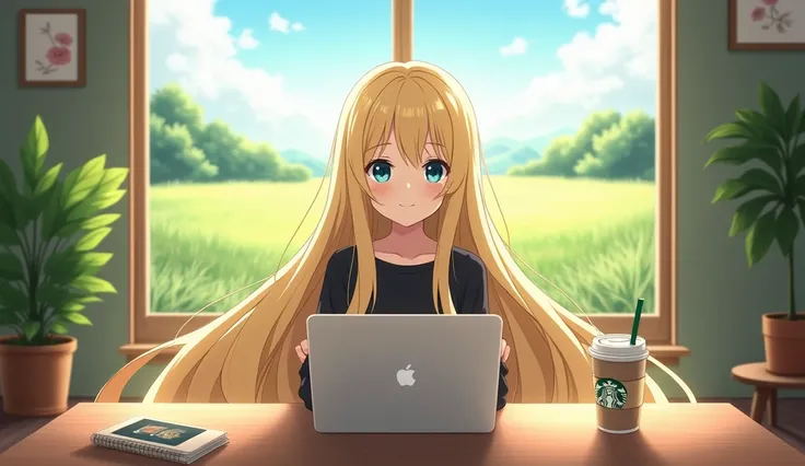  High quality. An  anime girl with "beyond floor length" blonde hair, sitting on the chair in front of the table, on the left side has a MacBook Pro 16 inches, right side has a cup of hot coffee, back of side is a floor to ceiling window, must see her clea...