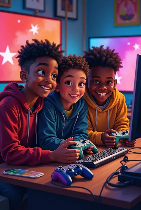  A painting of 3 boys who are friends , Jhurgen that he is white-skinned ,  Brandon in dark skin and Darwin in black skin in a gamer room 