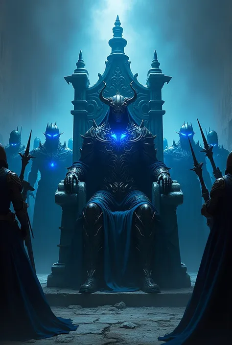 A shadow being with flashy armor with blue details on a ,  throne in the background an army of shadow soldiers who seem to have returned from battle with a blue glow in their eyes and armor and swords in their hands.