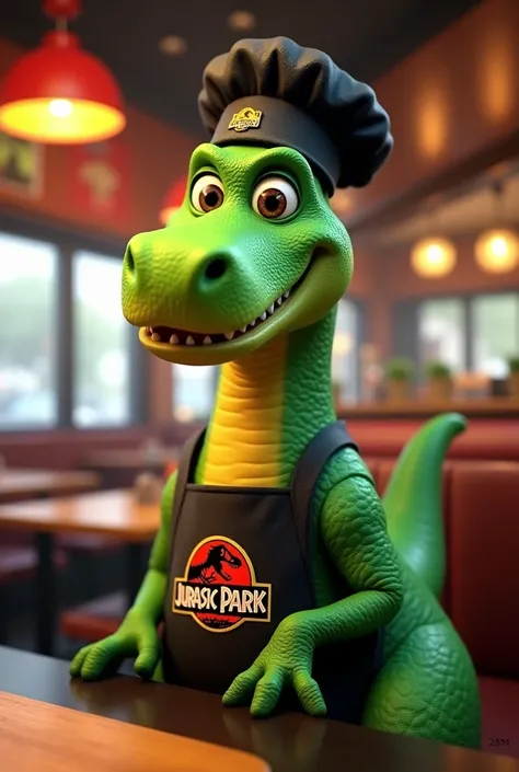 hello,    I want the image of a dinosaur  , with green skin ,  with animated black ,  kitchen headband at a hamburger restaurant ,    wearing a black apron with the name Jurassic Park  ,  better quality front image and masterpiece  , front image , eye cont...