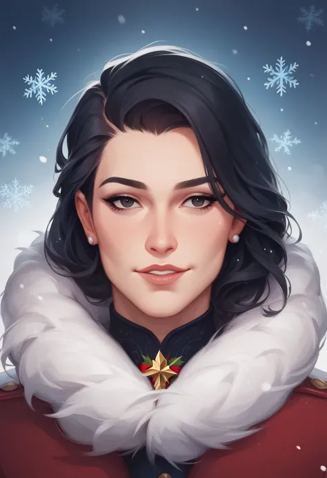 A romantic Christmas setting, with a female character with light brown skin, long straight black hair, and black eyes, wearing an elegant winter dress, staring intently at the male character. The male character is tall, with white skin, black hair, and bla...