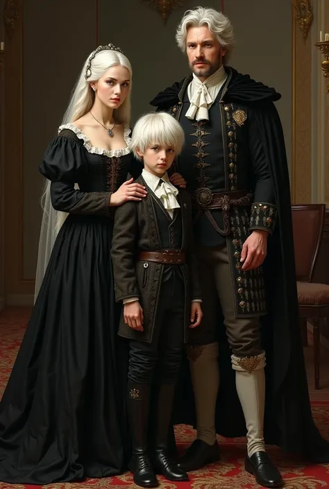 Generate an image of a younger mother with totally white hair in a long black dress and her father a young man like her mother and he also had totally white hair and he was strong like a hunter and a  boy , with their hair half white and half black,  in ol...