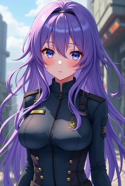  An anime-style girl, purple hair blue eyes and with military clothes 