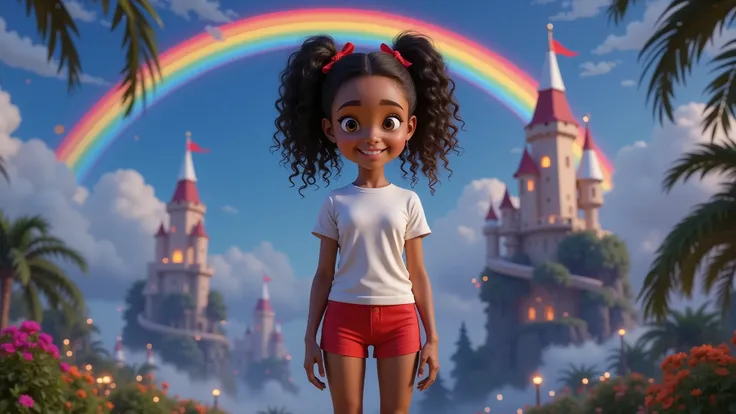 Nighttime setting with glowing clouds forming enchanted castles in the sky, surrounded by floating gardens lit by tiny magical lights. A rainbow arcs in the background, with a colorful slide extending from it. The atmosphere should convey a sense of dream ...
