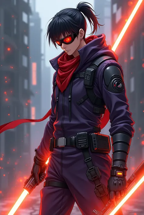 Anime man wearing a dark purple and grey stealth suit. With a red bandana. Black googles with red lenses. Black hair put into a ponytail and a orange lightsaber 