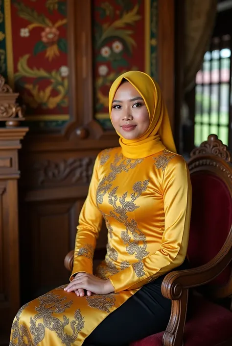 The image showcases a woman wearing a traditional Malay outfit, known as a baju kurung. She is sitting on a wooden chair in a room adorned with intricate wooden carvings and colorful textiles. The woman is wearing a long-sleeved, golden yellow top with a f...