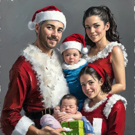 8K, realisticlying, RAW photograph, top-quality: 1.4), Realistic family photo of a father and a mother holding her newborn baby in her arms on Christmas eve with visible dynamic brush marks, oil painting, texture and grunge, layered paint look with obvious...