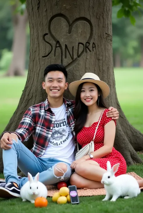 A portrait of a young Asian man with neatly combed short hair, wearing a casual checkered flannel shirt paired with a white T-shirt featuring abstract graphics. He is dressed in light blue ripped jeans and black-and-white sneakers. The man is sitting relax...