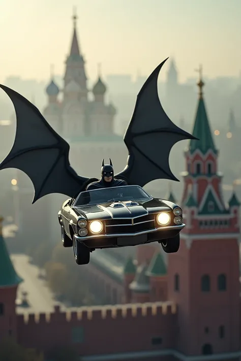  A Volga car with wings flies over the Kremlin. Batman is driving  