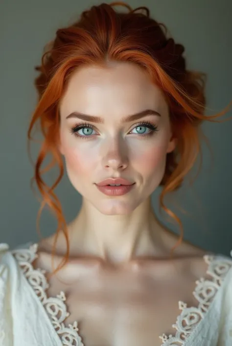  Medium body front shot of a 40-year-old beautiful red-haired woman with blue eyes, Sophisticately-styled makeup with hair tied up 