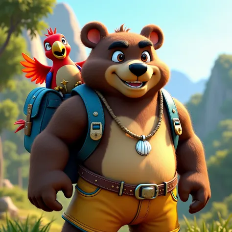  The image shows a character inspired by Banjo and Kazooie .  The protagonist is a robust anthropomorphic bear ,  with dark brown fur and golden reflections .  Its face is expressive , with big, lively eyes ,  a round, black nose , and a friendly smile.  H...