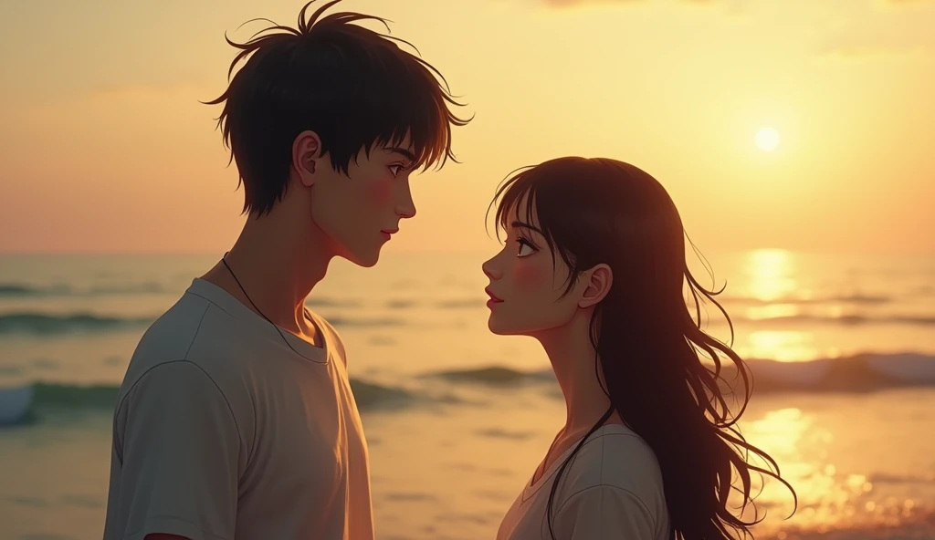  “Confessions by the sea”

Picture description ： in the soft sound of the waves ， the girl and boy stand by the sea ， the ocean breeze blows through the tips of their hair 。Sunset， and the golden glow shines on them 。The girl lowered her head，The eyes are ...