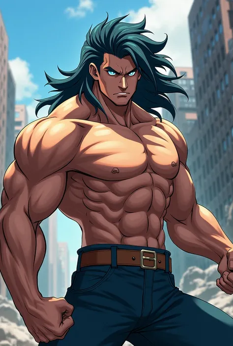 Create a man with long and messy hair with light blue pupils and with a muscular body with the features of Boku no Hero